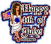 Click to get the codes for this image. This glitter graphic features a patriotic doll in red, white and blue dress holding an American Flag. The comment reads: Happy 4th of July!