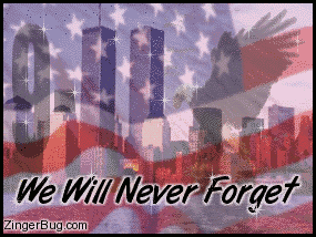 Click to get the codes for this image. Animated Photo collage of the twin towers, an American Flag and a bald eagle. The comment reads 9-11. We Will Never Forget