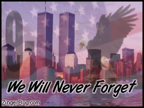 Click to get the codes for this image. Photo collage of the twin towers, an American Flag and a bald eagle. The comment reads 9-11. We Will Never Forget