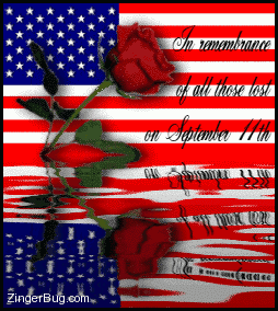 Click to get the codes for this image. This graphic features an American flag with a single red rose in front of it. The comment reads: In remembrance of all those lost on September 11th