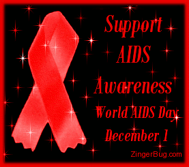 Click to get the codes for this image. Glitter graphic featuring a red support ribbon with the comment: Support AIDS Awareness. World AIDS Day, December 1