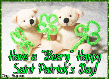Click to get the codes for this image. Cute glitter graphic featuring a photograph of two white teddy bears holding green shamrocks. The comment reads: Have a Beary Happy Saint Patrick's Day!