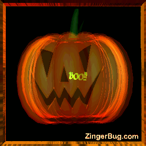 Click to get the codes for this image. This 3D graphic comment shows a transluscent jack-o-lantern nodding back and forth, with the word Boo!! flying through the scene and popping out at you.