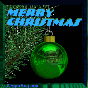 Click to get the codes for this image. This graphic features a 3D moving Christmas Bulb hanging from a Christmas Tree. The comment reads: Merry Christmas!