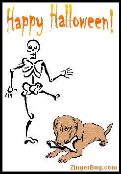 Click to get the codes for this image. This cute graphic shows an upset skeleton and a dog who has stolen his leg bone. The comment reads: Happy Halloween!