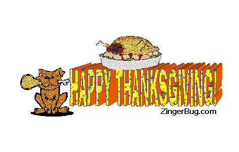 Click to get the codes for this image. Cute glitter graphic of a dog with the thanksgiving turkey drumstick in his mouth. The comment reads: Happy Thanksgiving.