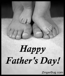 Click to get the codes for this image. This black and white photograph shows a man's feet with a baby's feet standing on top of them. The comment reads: Happy Father's Day!