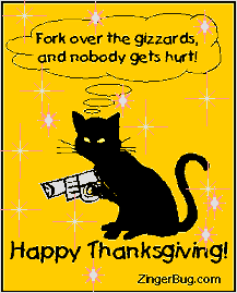 Click to get the codes for this image. This funny cartoon shows a cat holding a pistol. The comment reads: Fork over the gizzards and nobody gets hurt! Happy Thanksgiving!