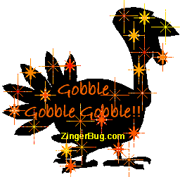 Click to get the codes for this image. Thanksgiving glitter graphic featuring a turkey with harvest colored stars and the comment: Gobble Gobble Gobble!
