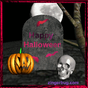 Click to get the codes for this image. This animated graphic shows a jack-o-lantern and a skull in front of a gravestone with a moon in the background. The comment reads: Happy Halloween!