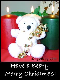 Click to get the codes for this image. Photo of a white teddy bear with gold ribbon in front of red and green Christmas candles