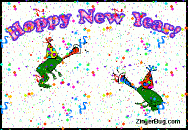 Click to get the codes for this image. Funny animated graphic of 2 frogs jumping wearing party hats with party horns and confetti. The comment reads: Hoppy New Year!