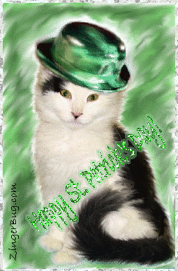 Click to get the codes for this image. Glitter graphic of a cat wearing a green Irish hat. The comment reads: Happy St. Patrick's Day!