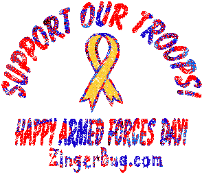 Click to get the codes for this image. This glitter graphic features a yellow ribbon. The comment reads: Support Our Troops! Happy Armed Forces Day!