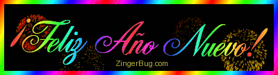 Click to get the codes for this image. This glitter graphic features rainbow text with animated fireworks in the background. The comment reads: ¡Feliz Año Nuevo! Which means Happy New Year in Spanish
