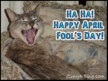 Click to get the codes for this image. Cute glittered photograph of a cat that appears to be laughing. The comment reads: Ha Ha! Happy April Fool's Day!