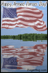 Click to get the codes for this image. This graphic features an animated waving American flag reflected in an animated lake. The comment reads: Happy Armed Forces Day!