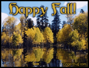 Click to get the codes for this image. This beautiful graphic features a photo of yellow aspen trees with a blue sky reflected in an animated pool. The comment reads: Happy Fall!