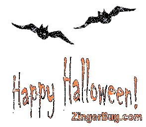 Click to get the codes for this image. Glitter graphic of 2 flying bats with the comment: Happy Halloween!