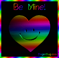 Click to get the codes for this image. 3 Dimensional graphic of a rotating rainbow-colored smiley face heart. The commnet reads: Be Mine!
