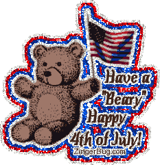 Click to get the codes for this image. Cute glitter graphic of a teddy bear holding an American flag. The comment reads: Have a Beary Happy 4th of July!
