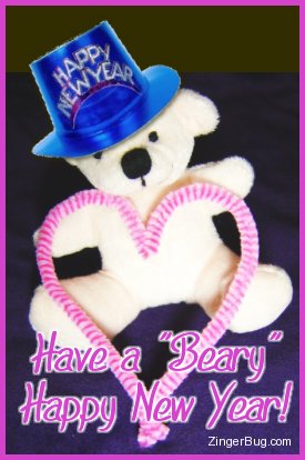 Click to get the codes for this image. Cute photograph of a teddy bear holding a pink heart and wearing a Happy New Year Hat. The comment reads: Have a Beary Happy New Year!