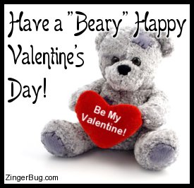 Click to get the codes for this image. Cute photo of a teddy bear holding a red heart that says: Be My Valentine!. The comment reads: Have a Beary Happy Valentine's Day!