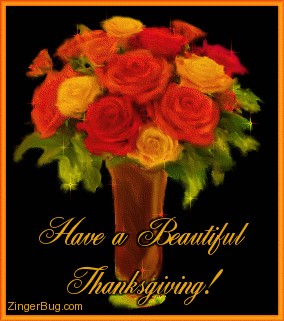 Click to get the codes for this image. Glitter graphic featuring a painting of a bouquet of yellow, red and orange harvest colored roses. The comment reads: Have a Beautiful Thanksgiving!