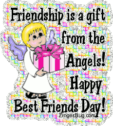 Click to get the codes for this image. Glitter graphic of an Angel with a package. Comment reads: Friendship is a gift from the Angels! Happy Best Friends Day!