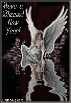 Click to get the codes for this image. Glitter Graphic of an angel sitting at the edge of an animated pool. The comment reads: Have a Blessed New Year!