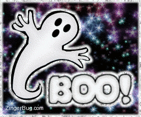 Click to get the codes for this image. Cute glitter graphic of a ghost with a starry sky behind it. Comment reads: BOO!