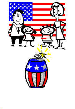 Click to get the codes for this image. Funny graphic showing a family in front of an American Flag watching a firecracker about to explode. The fire cracker explodes and the people break up into pieces and fall to the ground. The comment reads: Have a Safe and Happy 4th of July!