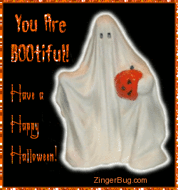 Click to get the codes for this image. Cute glitter graphic of a ghost holding a jack-o-lantern. The comment reads: You are BOOtiful! Have a Happy Halloween!