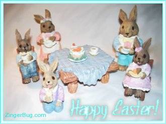 Click to get the codes for this image. Cute photo of a family of ceramic bunnies. Comment reads: Happy Easter!