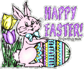 Click to get the codes for this image. Cute glitter graphic showing an Easter Bunny with a colored eggs and 2 tulips. The comment reads: Happy Easter!