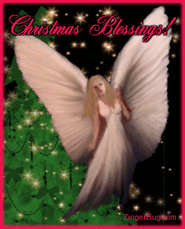 Click to get the codes for this image. Graphic of an Angel in front of a Christmas tree. The comment reads: Christmas Blessings!