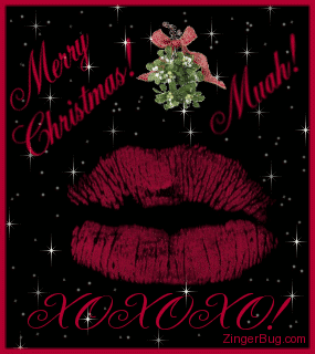 Click to get the codes for this image. Glitter graphic of kissing lips with mistletoe. The comment reads: Merry Christmas! Muah! XOXOXO!!