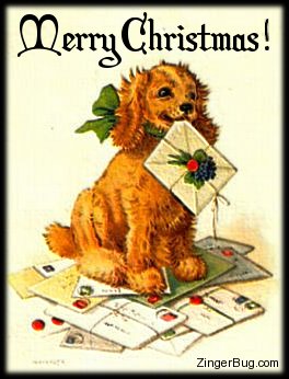 Click to get the codes for this image. Cute vintage graphic of a puppy holding a christmas card sittin gon a pile of mail. The comment reads: Merry Christmas!