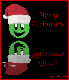 Click to get the codes for this image. Cute graphic of a green smiley face wearing a Santa hat reflected in an animated pool. The comment reads: Merry Christmas!