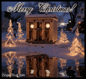 Click to get the codes for this image. Beautiful graphic of a lighted snow-covered Christmas scene reflected in an animated pool. The comment reads: Merry Christmas!