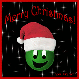 Click to get the codes for this image. Cute glitter graphic of a green smiley face wearing a red Santa hat. The comment reads: Merry Christmas!