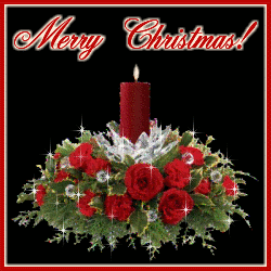 Click to get the codes for this image. Glitter graphic featuring a christmas centerpiece with red flowers and evergreen boughs with an animated burning candle. The comment reads: Merry Christmas!