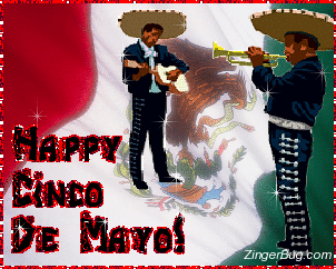 Click to get the codes for this image. Glitter graphic showing mariachi musicians playing in front of the Mexican Flag. The comment reads: Happy Cinco de Mayo!