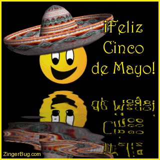 Click to get the codes for this image. Cute graphic showing a yellow smiley face wearing a big sombrero reflected in an animated pool. The comment reads: Feliz Cinco de Mayo!
