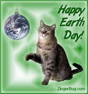 Click to get the codes for this image. Cute graphic of a cat batting at a globe ornament. The comment reads Happy Earth Day!