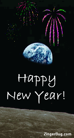 Click to get the codes for this image. This glitter graphic shows a photograph of the Earth rising over the moon with animated fireworks over the earth. The comment reads: Happy New Year!