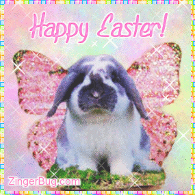 Click to get the codes for this image. Cute glitter graphic of a beautiful bunny with Pink Angel Wings. The comment reads: Happy Easter!