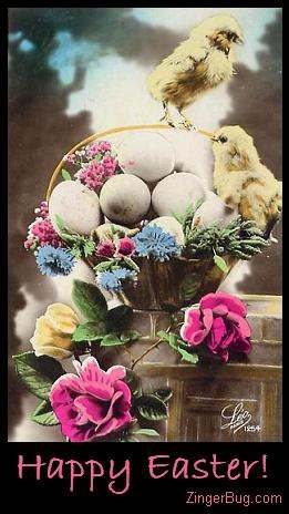 Click to get the codes for this image. Colorized vintage photograph of a chicks on a basket of eggs with flowers. The comment reads: Happy Easter!