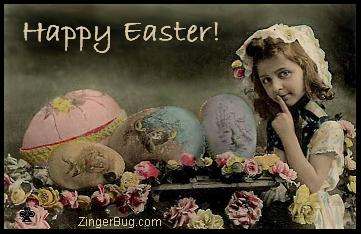 Click to get the codes for this image. Vintage colorized photograph of a little girl with painted Easter eggs. The comment reads: Happy Easter!