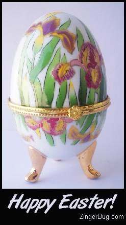 Click to get the codes for this image. Photo of a beautiful ceramic Easter Egg with Iris flowers painted on it and gold trim. The comment reads: Happy Easter!